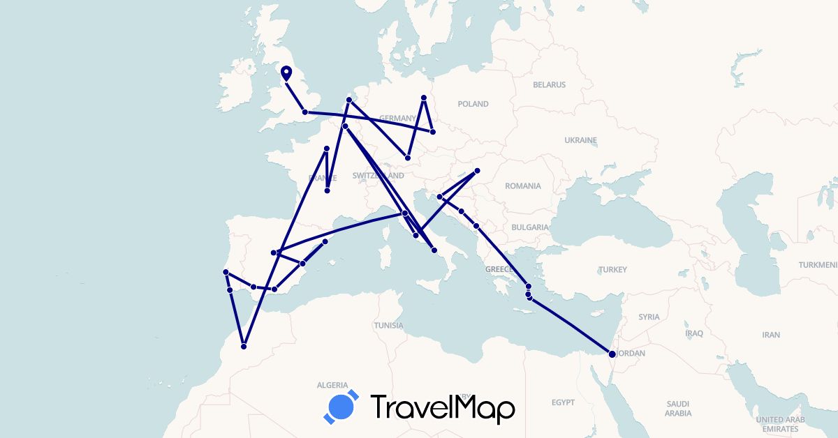TravelMap itinerary: driving in Bosnia and Herzegovina, Belgium, Czech Republic, Germany, Spain, France, United Kingdom, Greece, Croatia, Hungary, Israel, Italy, Morocco, Montenegro, Netherlands, Portugal (Africa, Asia, Europe)
